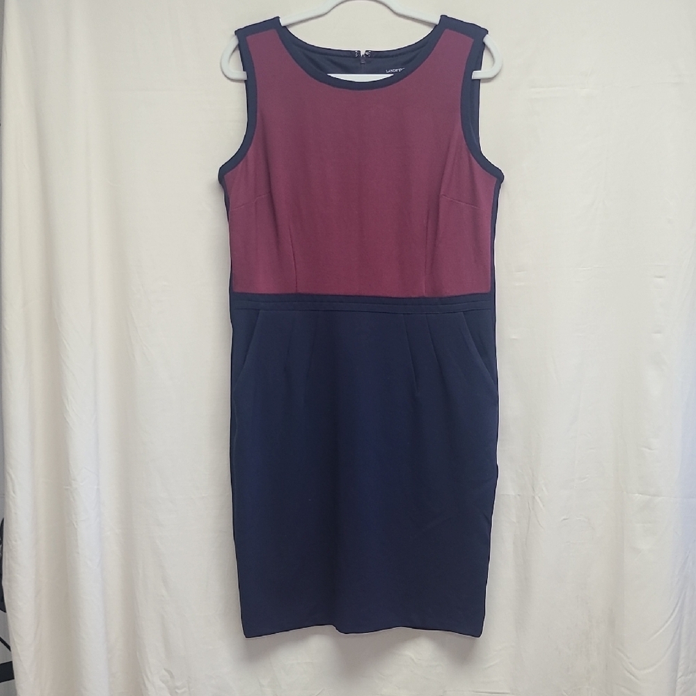 Lands' End Colorblock Sheath Dress Burgundy Navy Stretch Career Size 16